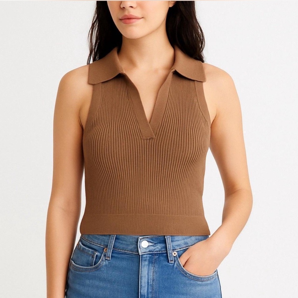 Abercrombie & Fitch Brown Ribbed Collared Halter Tank Top Sleeveless Polo Top